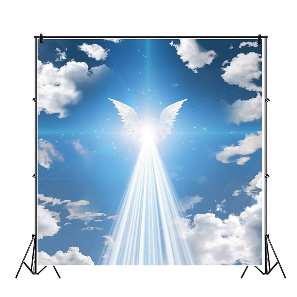 【降り注ぐ金色の光】,天使,angel,空,青空,光,ブルー,青,青い鳥,抽象画 Amazon | DORCEV 8x8フィート 天使の翼 背景幕 天国のテーマ